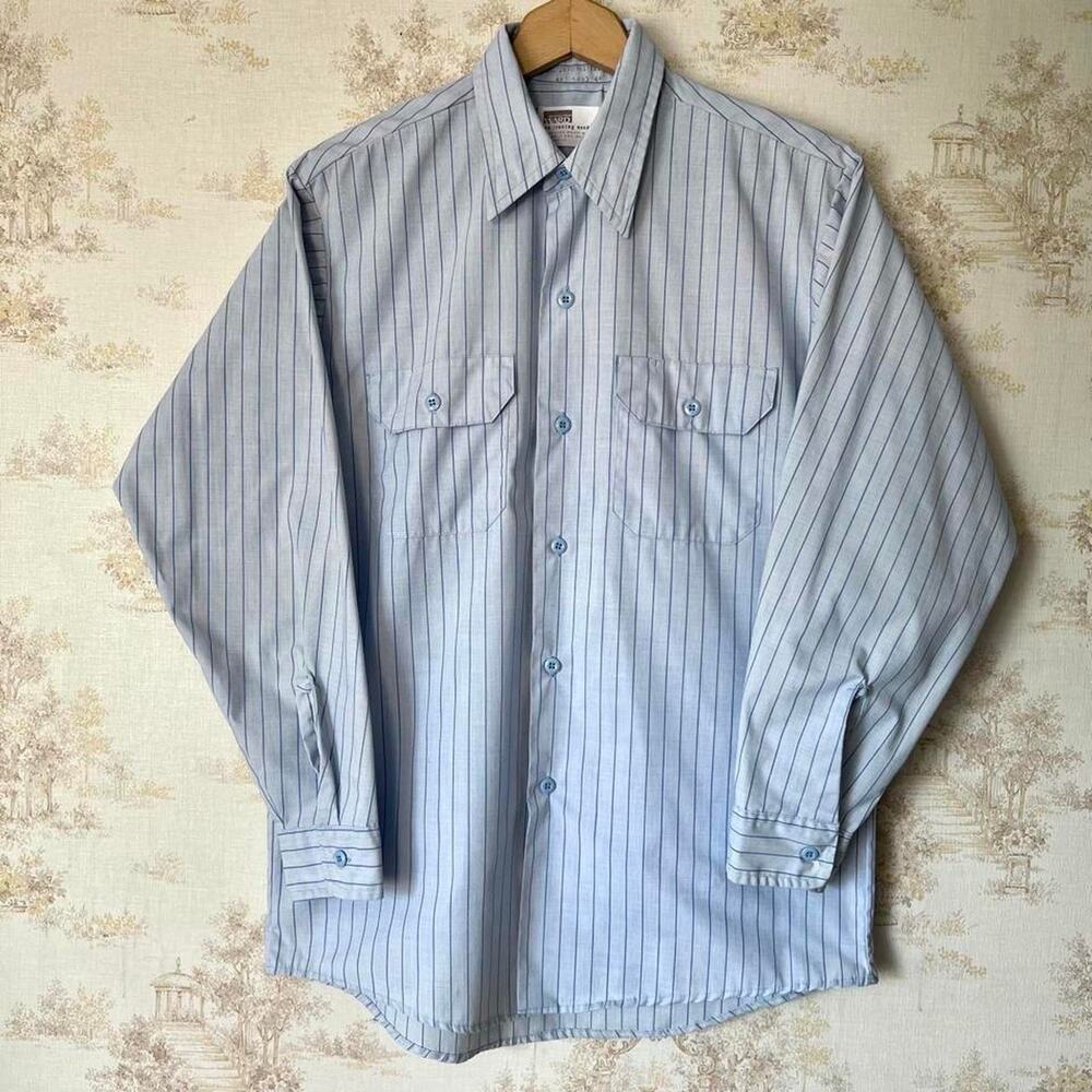Vintage 70s Montgomery Ward Shirt | Light Blue Striped Button Up | Size M